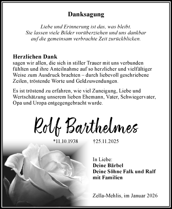Traueranzeige von Rolf Barthelmes von Südthüringer Presse