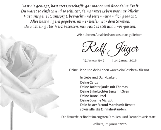 Traueranzeige von Rolf Jäger von Südthüringer Presse