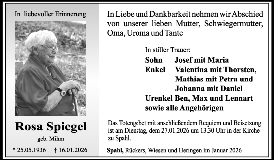 Traueranzeige von Rosa Spiegel von Südthüringer Presse