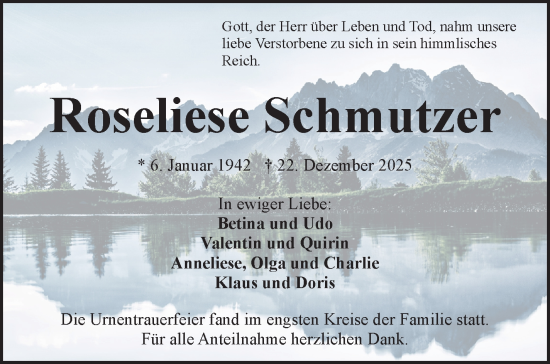 Traueranzeige von Roseliese Schmutzer von Frankenpost