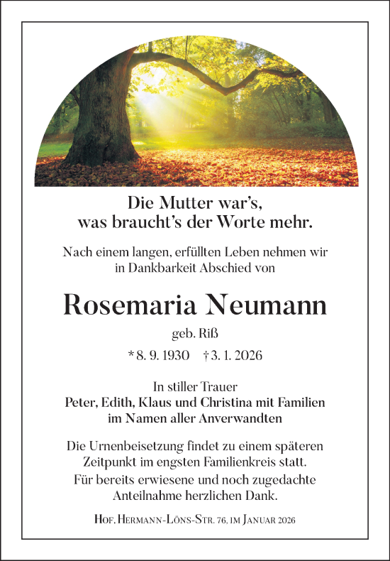 Traueranzeige von Rosemaria Neumann von Frankenpost