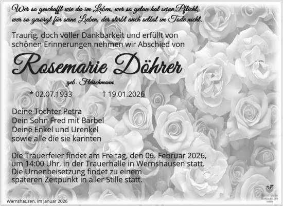 Traueranzeige von Rosemarie Döhrer von Südthüringer Presse