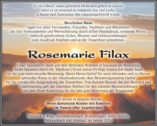 Traueranzeige von Rosemarie Filax von Südthüringer Presse