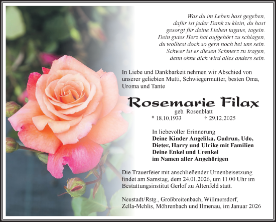 Traueranzeige von Rosemarie Filax von Südthüringer Presse