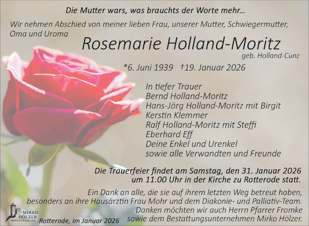 Traueranzeige für Rosemarie Holland-Moritz vom 24.01.2026 aus Südthüringer Presse