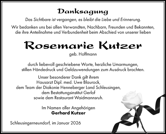 Traueranzeige von Rosemarie Kutzer von Südthüringer Presse