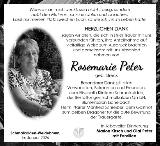 Traueranzeige von Rosemarie Peter von Südthüringer Presse