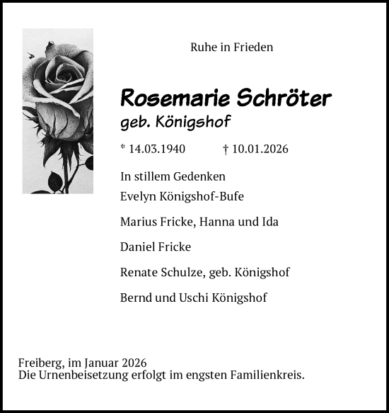 Traueranzeige von Rosemarie Schröter von Südthüringer Presse