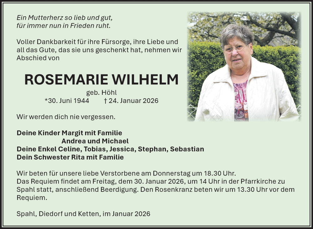  Traueranzeige für Rosemarie Wilhelm vom 28.01.2026 aus Südthüringer Presse