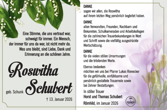 Traueranzeige von Roswith Schubert von Südthüringer Presse