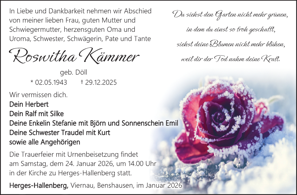  Traueranzeige für Roswitha Kämmer vom 17.01.2026 aus Südthüringer Presse