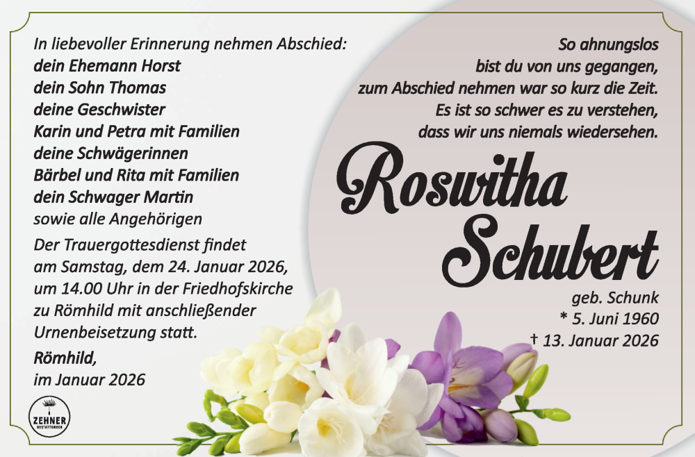  Traueranzeige für Roswitha Schubertg vom 17.01.2026 aus Südthüringer Presse
