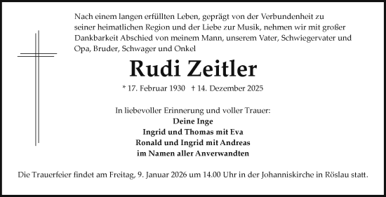 Traueranzeige von Rudi Zeitler von Frankenpost