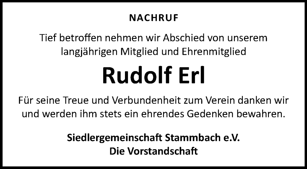  Traueranzeige für Rudolf Erl vom 20.01.2026 aus Frankenpost