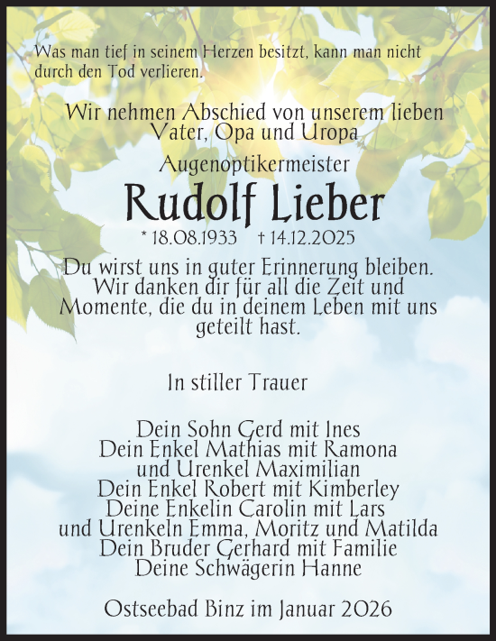 Traueranzeige von Rudolf Lieber von Südthüringer Presse