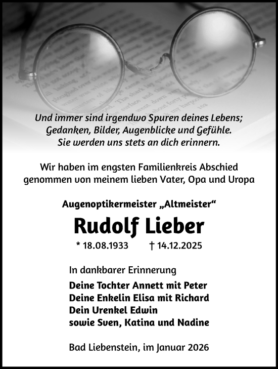 Traueranzeige von Rudolf Lieber von Südthüringer Presse