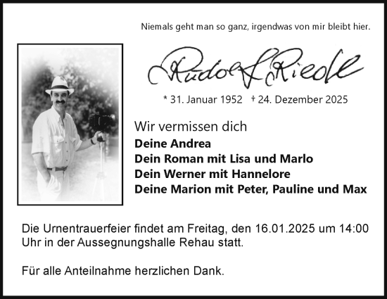 Traueranzeige von Rudolf Riedl von Frankenpost