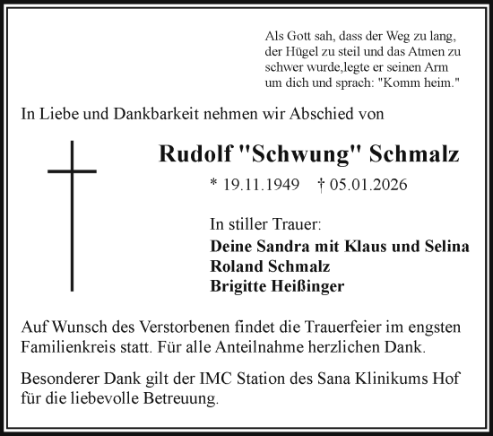 Traueranzeige von Rudolf Schmalz von Frankenpost