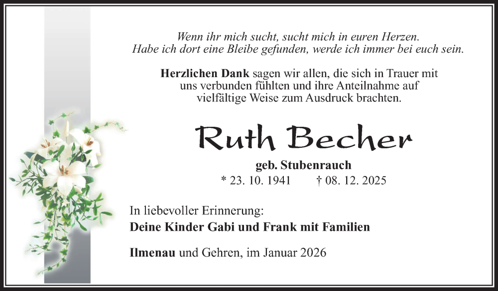  Traueranzeige für Ruth Becher vom 17.01.2026 aus Südthüringer Presse