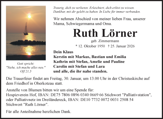 Traueranzeige von Ruth Lörner von Frankenpost