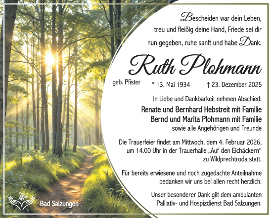 Traueranzeige von Ruth Plohmann von Südthüringer Presse