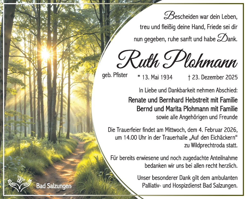  Traueranzeige für Ruth Plohmann vom 31.01.2026 aus Südthüringer Presse