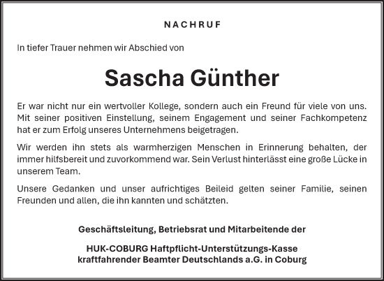 Traueranzeige von Sascha Günther von Neue Presse Coburg