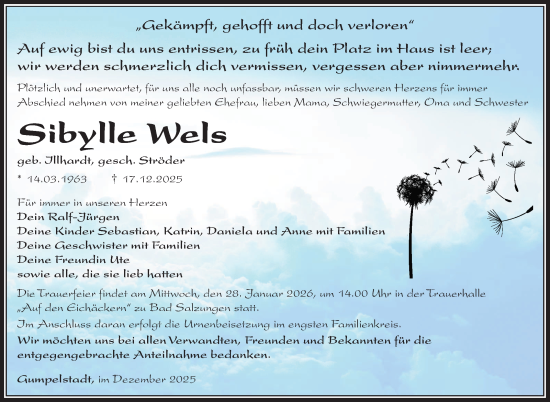 Traueranzeige von Sibylle Wels von Südthüringer Presse