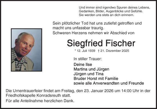 Traueranzeige von Siegfried Fischer von Frankenpost