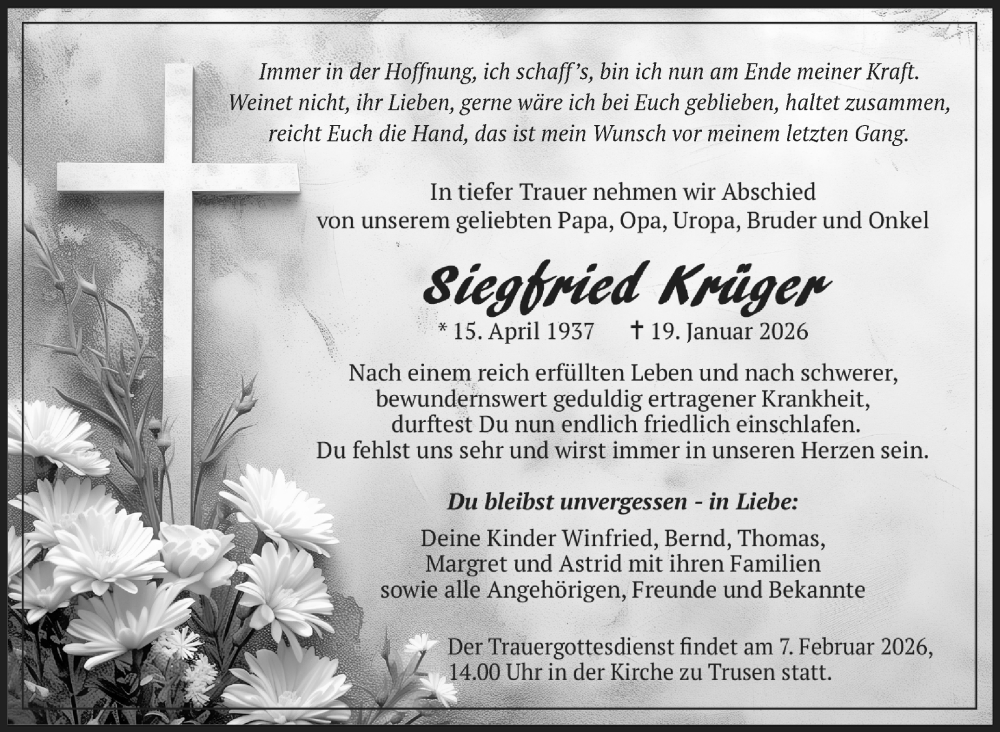  Traueranzeige für Siegfried Krüger vom 31.01.2026 aus Südthüringer Presse