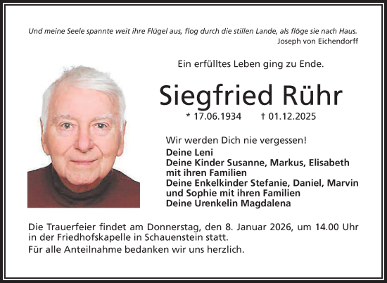 Traueranzeige von Siegfried Rühr von Frankenpost