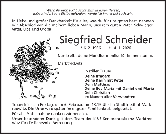 Traueranzeige von Siegfried Schneider von Frankenpost