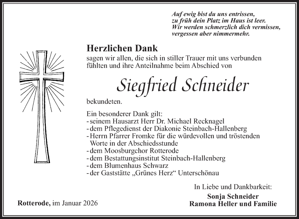  Traueranzeige für Siegfried  Schneider  vom 24.01.2026 aus Südthüringer Presse