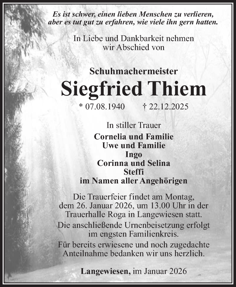  Traueranzeige für Siegfried Thiem vom 17.01.2026 aus Südthüringer Presse