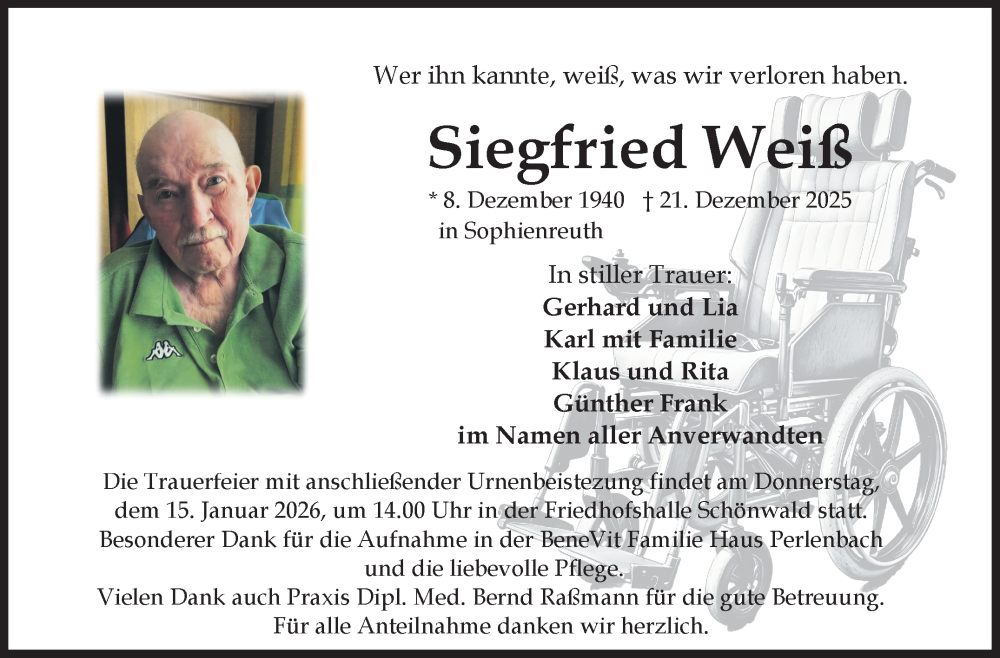  Traueranzeige für Siegfried Weiß vom 10.01.2026 aus Frankenpost