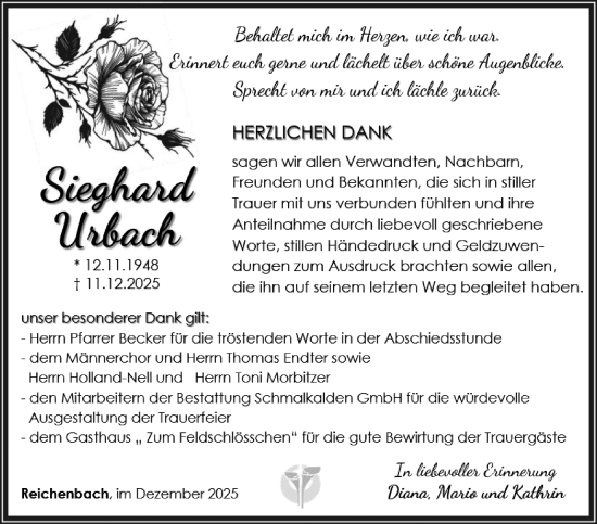 Traueranzeige von Sieghard Urbach von Südthüringer Presse