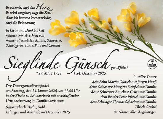 Traueranzeige von Sieglinde Günsch von Südthüringer Presse