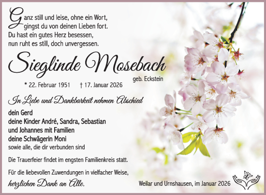 Traueranzeige von Sieglinde Mosebach von Südthüringer Presse