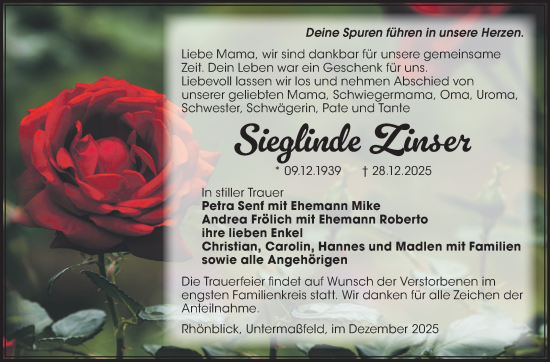 Traueranzeige von Sieglinde Zinser von Südthüringer Presse