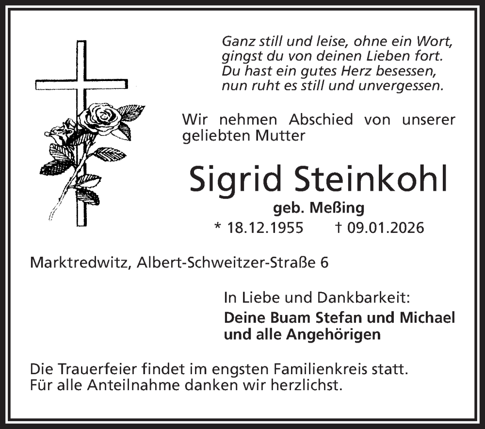  Traueranzeige für Sigrid Steinkohl vom 24.01.2026 aus Frankenpost