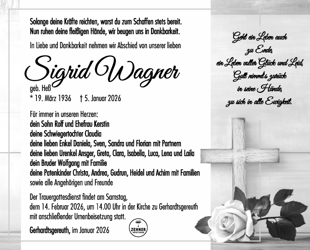  Traueranzeige für Sigrid Wagner vom 31.01.2026 aus Südthüringer Presse