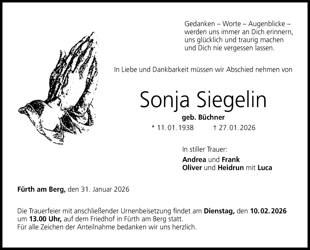  Traueranzeige für Sonja Siegelin vom 31.01.2026 aus Neue Presse Coburg