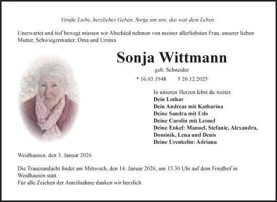 Traueranzeige von Sonja Wittmann von Neue Presse Coburg