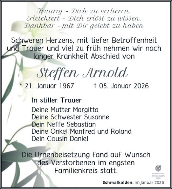 Traueranzeige von Steffen Arnold von Südthüringer Presse