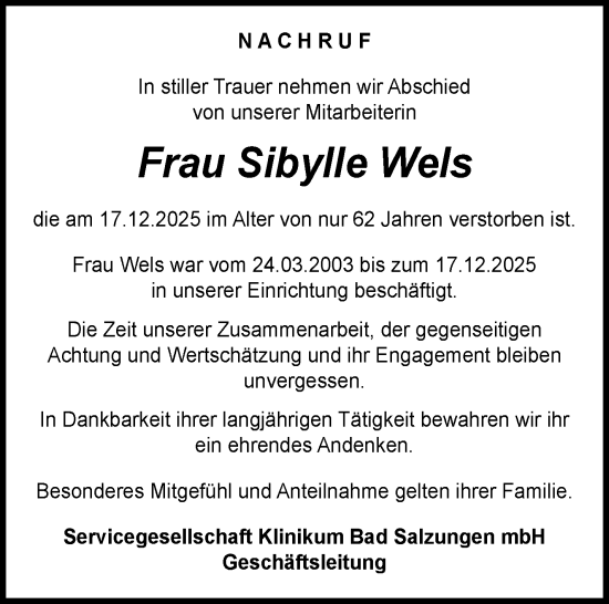 Traueranzeige von Sybille Wels von Südthüringer Presse