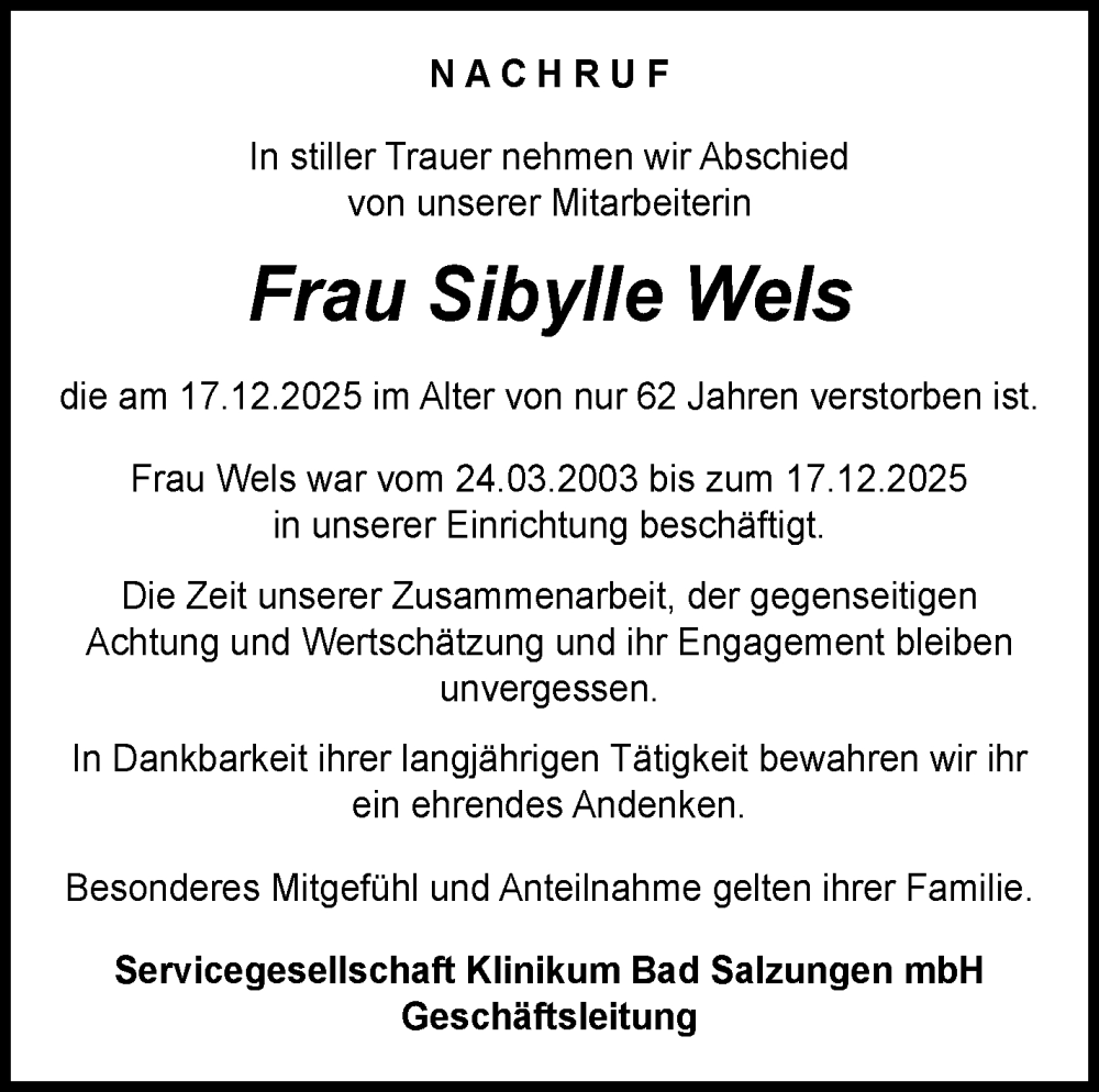  Traueranzeige für Sybille Wels vom 31.01.2026 aus Südthüringer Presse