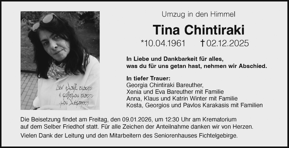  Traueranzeige für Tina Chintiraki vom 03.01.2026 aus Frankenpost