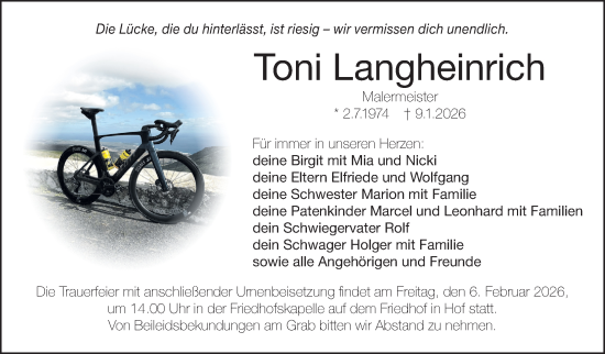 Traueranzeige von Toni Langheinrich von Frankenpost