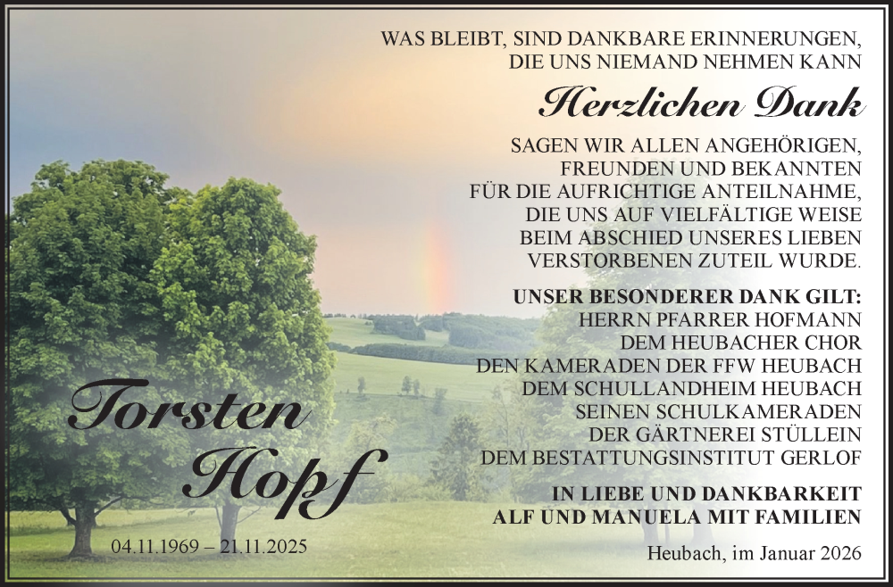  Traueranzeige für Torsten Hopf vom 03.01.2026 aus Südthüringer Presse