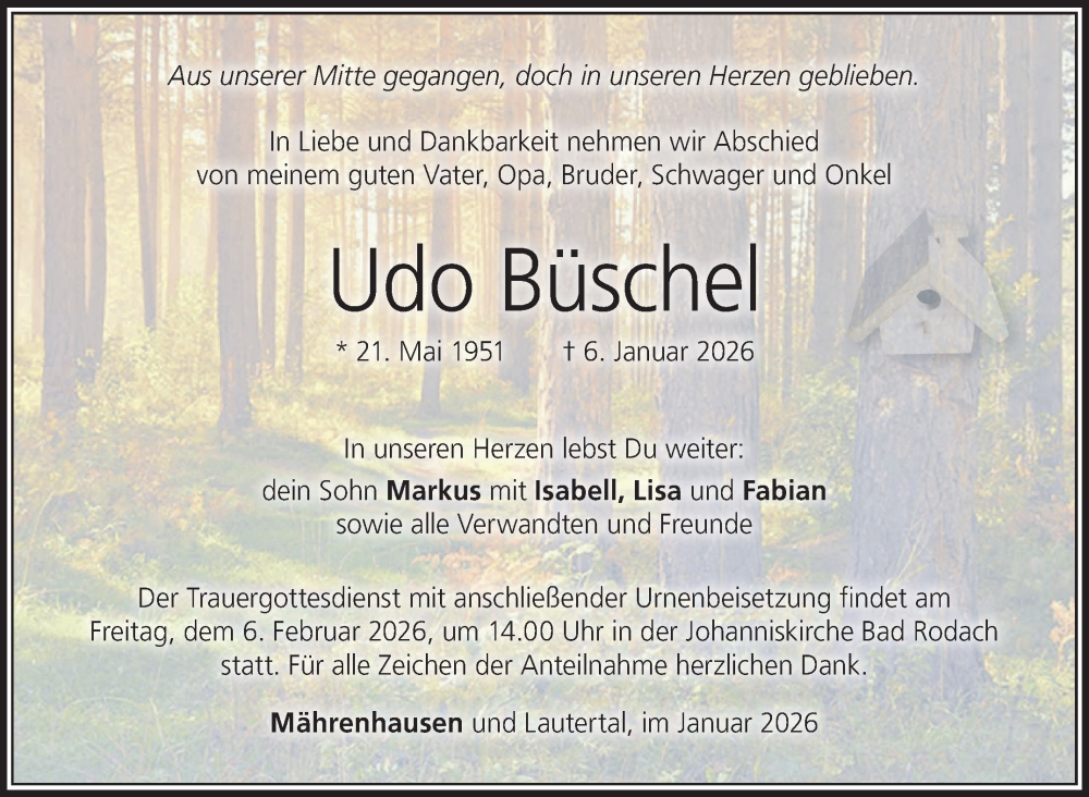  Traueranzeige für Udo Büschel vom 24.01.2026 aus Neue Presse Coburg